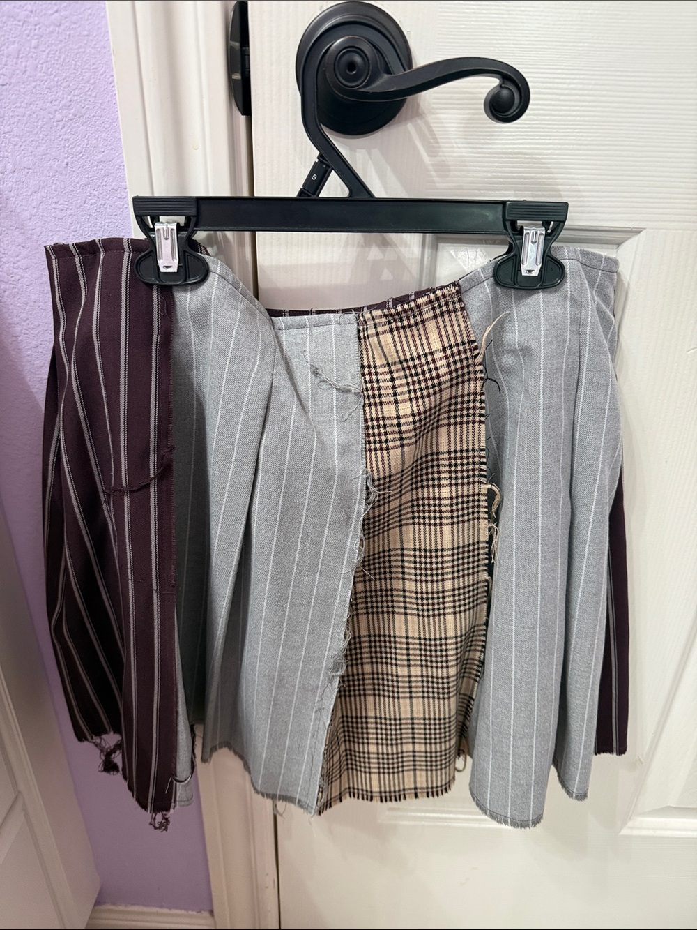 Gianni Bini Distressed Mixed-Panel Mini Skirt - Burgundy, Beige, Gray - Picture 3 of 3